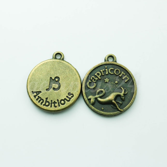 Zodiac Charm, Message Charm - Antique Brass - 28mm 3mm thickness 2.5mm Hole - Capricorn - December 22 - January 19