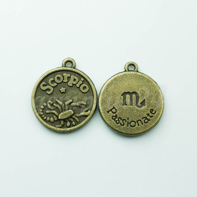 Zodiac Charm, Message Charm - Antique Brass - 28mm 3mm thickness 2.5mm Hole - Scorpio - October 23 - November 21