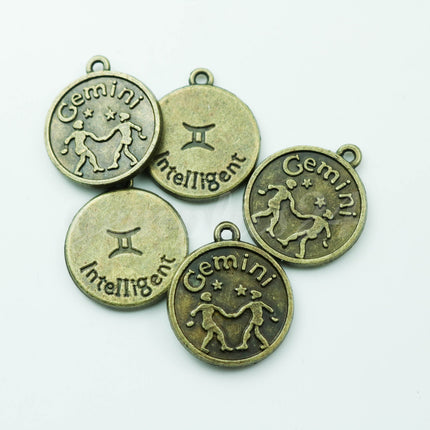 Zodiac Charm, Message Charm - Antique Brass - 28mm 3mm thickness 2.5mm Hole - Gemini - May 21 - June 21