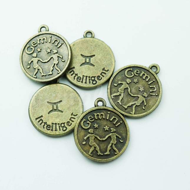 Zodiac Charm, Message Charm - Antique Brass - 28mm 3mm thickness 2.5mm Hole - Gemini - May 21 - June 21