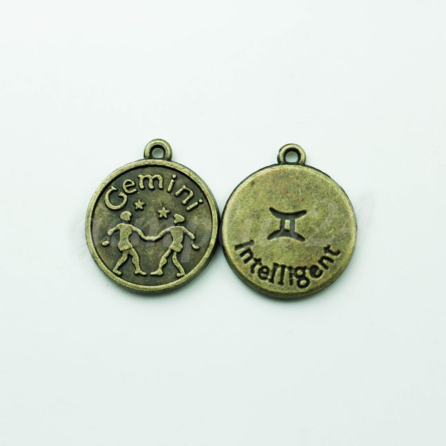 Zodiac Charm, Message Charm - Antique Brass - 28mm 3mm thickness 2.5mm Hole - Gemini - May 21 - June 21