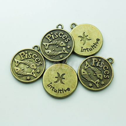 Zodiac Charm, Message Charm - Antique Brass - 28mm 3mm thickness 2.5mm Hole - Pisces - February 19- March 20