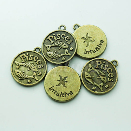 5 pcs of Zodiac Charm, Message Charm - Antique Brass - 28mm 3mm thickness 2.5mm Hole - Pisces - February 19- March 20