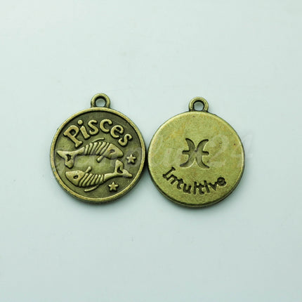 Zodiac Charm, Message Charm - Antique Brass - 28mm 3mm thickness 2.5mm Hole - Pisces - February 19- March 20