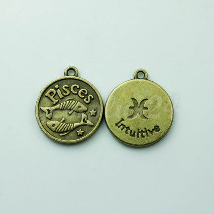 5 pcs of Zodiac Charm, Message Charm - Antique Brass - 28mm 3mm thickness 2.5mm Hole - Pisces - February 19- March 20