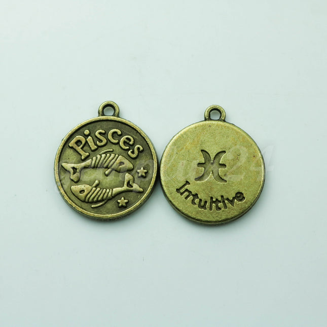 5 pcs of Zodiac Charm, Message Charm - Antique Brass - 28mm 3mm thickness 2.5mm Hole - Pisces - February 19- March 20