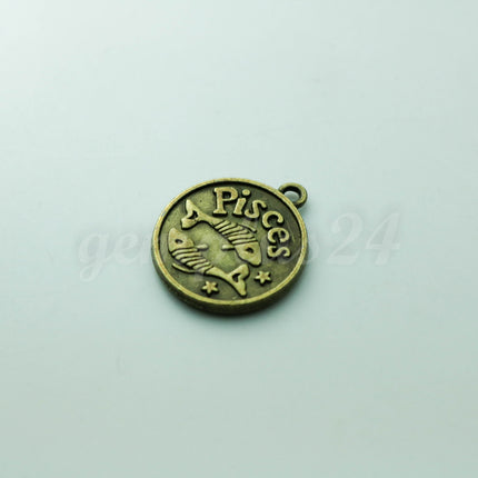 Zodiac Charm, Message Charm - Antique Brass - 28mm 3mm thickness 2.5mm Hole - Pisces - February 19- March 20