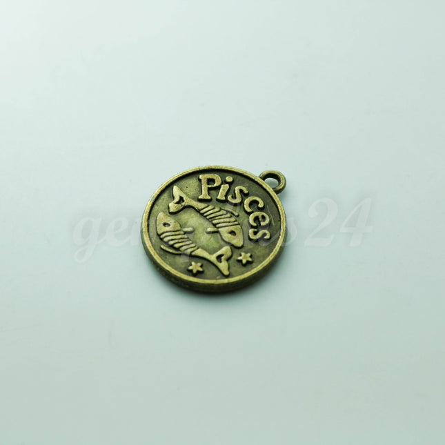 Zodiac Charm, Message Charm - Antique Brass - 28mm 3mm thickness 2.5mm Hole - Pisces - February 19- March 20