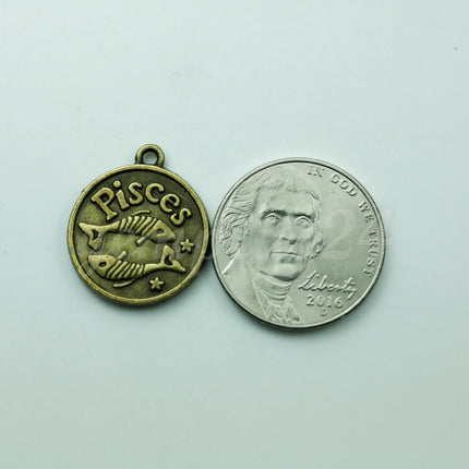 Zodiac Charm, Message Charm - Antique Brass - 28mm 3mm thickness 2.5mm Hole - Pisces - February 19- March 20