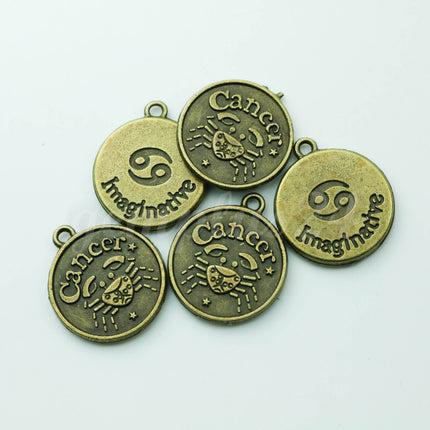 Zodiac Charm, Message Charm - Antique Brass - 28mm 3mm thickness 2.5mm Hole - Cancer - June 21 - July 22