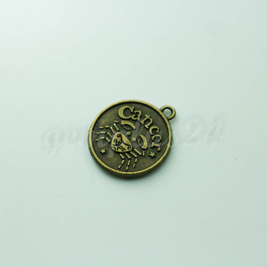 Zodiac Charm, Message Charm - Antique Brass - 28mm 3mm thickness 2.5mm Hole - Cancer - June 21 - July 22