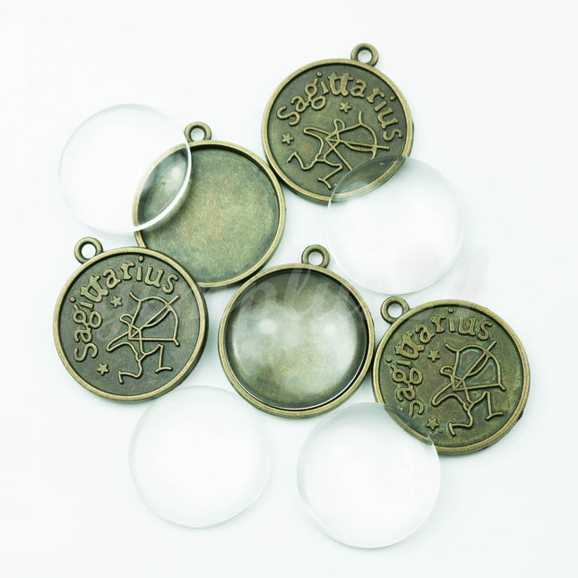 1/5 Set of Zodiac Bezel Charm, 25mm about 1 inch - Antique Brass - Bezel w GLASS Magnifying Domes Cabochon - Sagittarius - Nov. 22 - Dec. 21