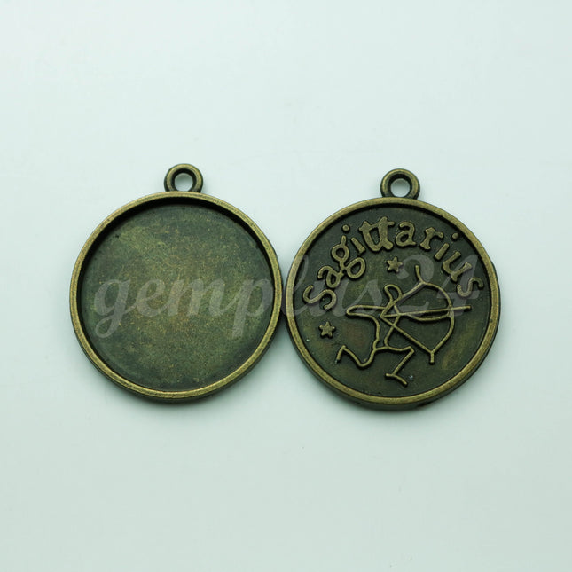 1/5 Set of Zodiac Bezel Charm, 25mm about 1 inch - Antique Brass - Bezel w GLASS Magnifying Domes Cabochon - Sagittarius - Nov. 22 - Dec. 21