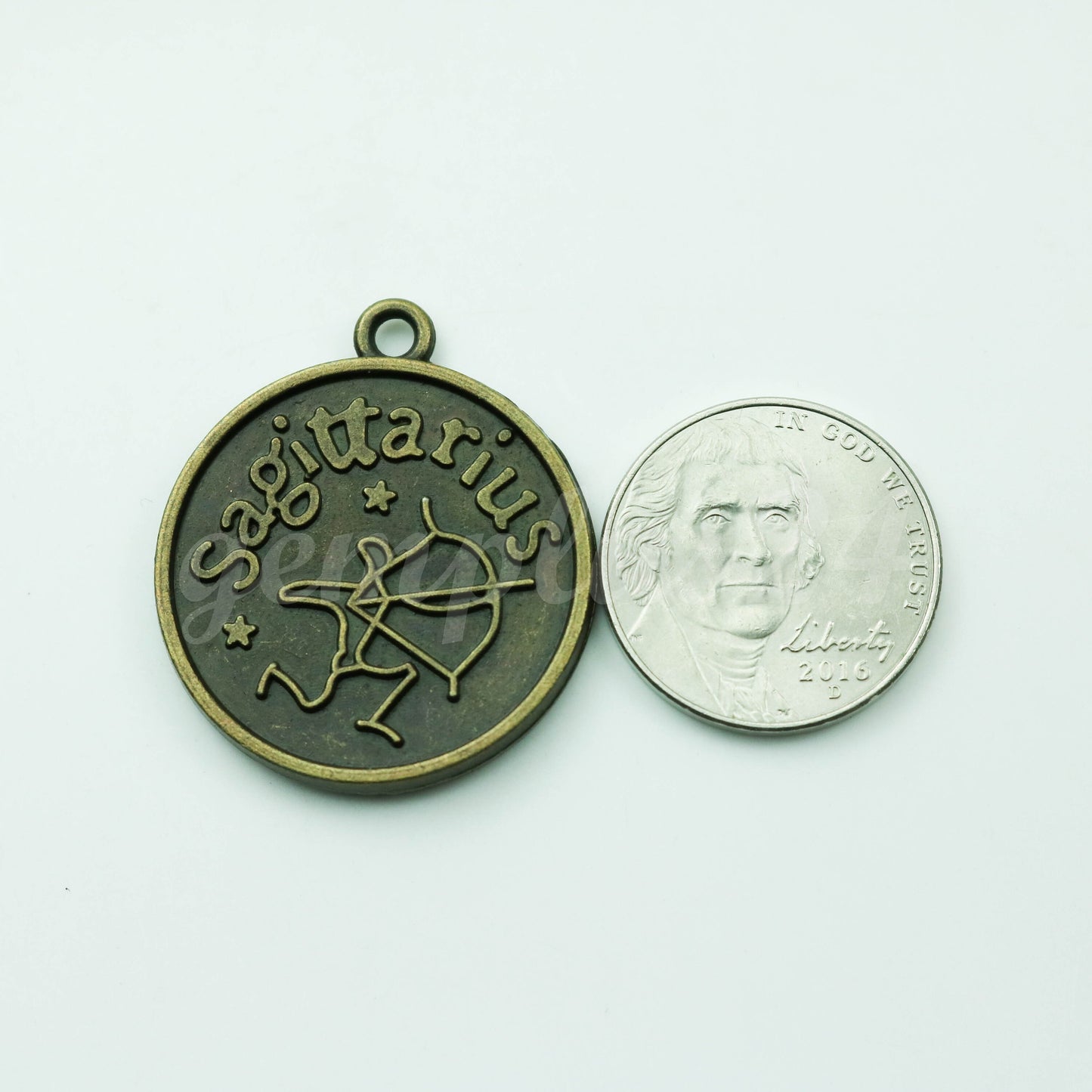 1/5 Set of Zodiac Bezel Charm, 25mm about 1 inch - Antique Brass - Bezel w GLASS Magnifying Domes Cabochon - Sagittarius - Nov. 22 - Dec. 21