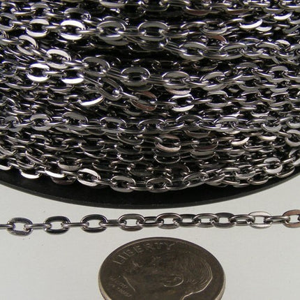 Gunmetal Flat Chain Bulk, 10 ft. of Flat Oval Cable Chain - 4x3mm Unsoldered- Necklace Bracelet  - 43F - 43F