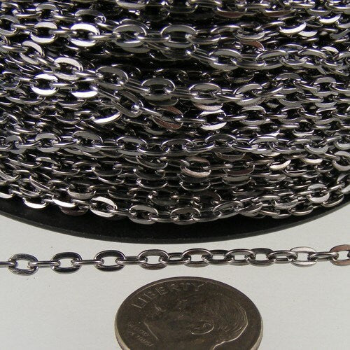 Gunmetal Flat Chain Bulk, 10 ft. of Flat Oval Cable Chain - 4x3mm Unsoldered- Necklace Bracelet  - 43F - 43F