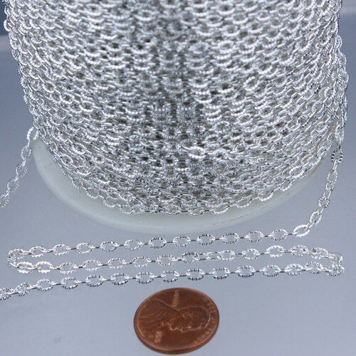 12 Ft Rhodium Plated Texture Chain Bulk Antique Silver Flat Oval Chunky Cable Chain - 4x3mm Unsoldered  - 43TEX