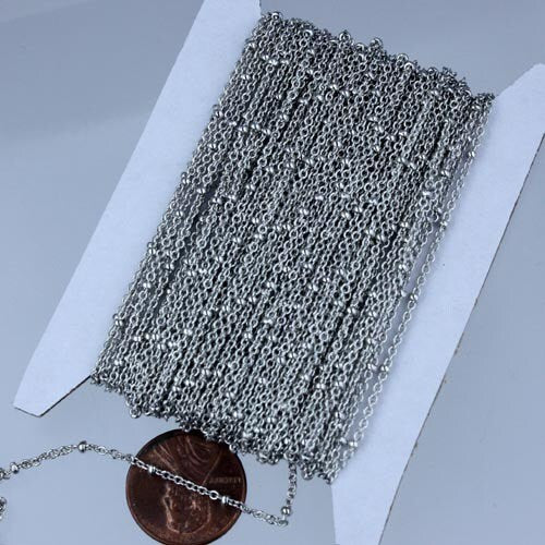 Rhodium Plated Bulk Chain, 32 ft spool of Tiny Antique Silver Chain Cable BALL Chain - 2.0x1.4mm SOLDERED Satellite Chain - 2014SAT