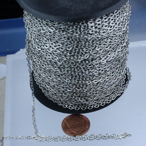 300 Ft Rhodium Plated Texture Chain Bulk Antique Silver Flat Oval Chunky Cable Chain - 4x3mm Unsoldered  - 43TEX