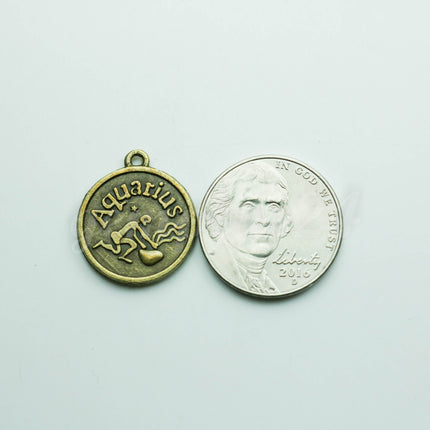 5 pcs of Zodiac Charm, Message Charm - Antique Brass - 28mm 3mm thickness 2.5mm Hole - Aquarius "Friendly" - January 20 - February 18