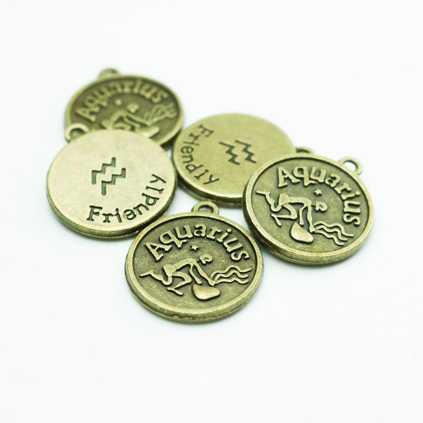 5 pcs of Zodiac Charm, Message Charm - Antique Brass - 28mm 3mm thickness 2.5mm Hole - Aquarius "Friendly" - January 20 - February 18