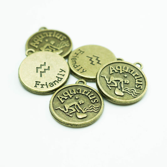 5 pcs of Zodiac Charm, Message Charm - Antique Brass - 28mm 3mm thickness 2.5mm Hole - Aquarius "Friendly" - January 20 - February 18