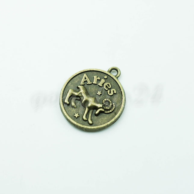 Zodiac Charm, Message Charm - Antique Brass - 28mm 3mm thickness 2.5mm Hole - Aries - March 21 to April 19