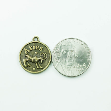 Zodiac Charm, Message Charm - Antique Brass - 28mm 3mm thickness 2.5mm Hole - Aries - March 21 to April 19