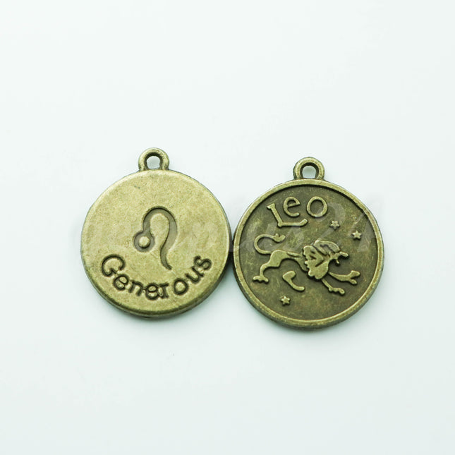 Zodiac Charm, Message Charm - Antique Brass - 28mm 3mm thickness 2.5mm Hole - Leo - July 23 -August 22