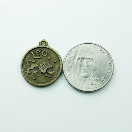 Zodiac Charm, Message Charm - Antique Brass - 28mm 3mm thickness 2.5mm Hole - Leo - July 23 -August 22