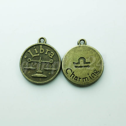 Zodiac Charm, Message Charm - Antique Brass - 28mm 3mm thickness 2.5mm Hole - Libra - September 23 - October 22