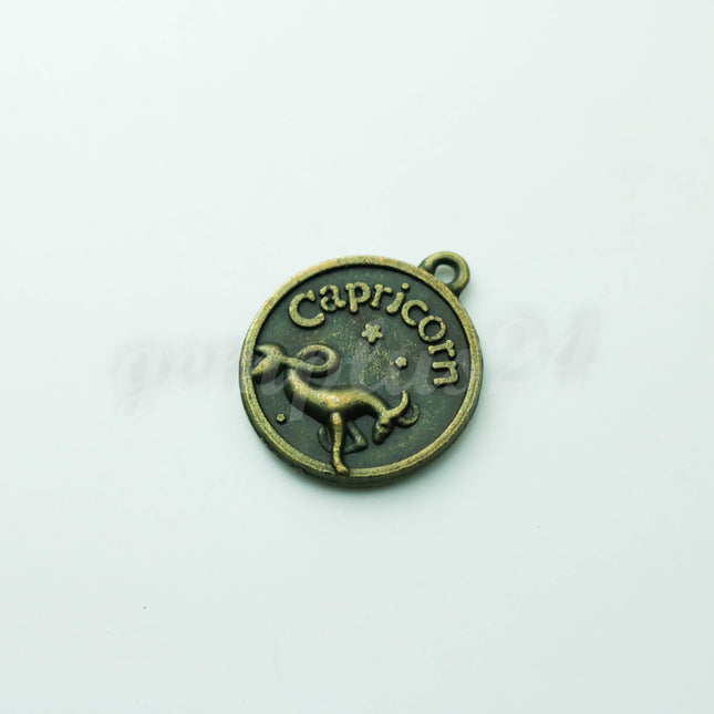 Zodiac Charm, Message Charm - Antique Brass - 28mm 3mm thickness 2.5mm Hole - Capricorn - December 22 - January 19