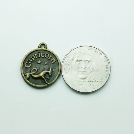Zodiac Charm, Message Charm - Antique Brass - 28mm 3mm thickness 2.5mm Hole - Capricorn - December 22 - January 19