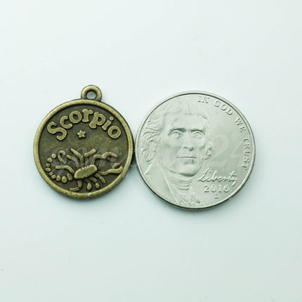 5 pcs of Zodiac Charm, Message Charm - Antique Brass - 28mm 3mm thickness 2.5mm Hole - Scorpio - October 23 - November 21