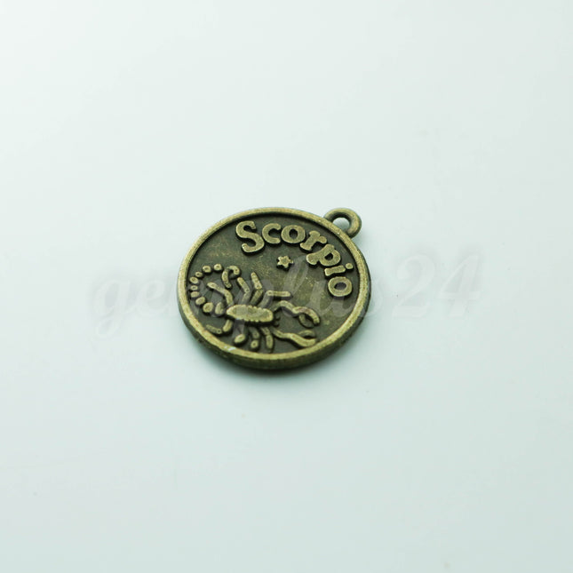 Zodiac Charm, Message Charm - Antique Brass - 28mm 3mm thickness 2.5mm Hole - Scorpio - October 23 - November 21