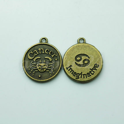 Zodiac Charm, Message Charm - Antique Brass - 28mm 3mm thickness 2.5mm Hole - Cancer - June 21 - July 22