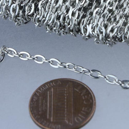 Rhodium Plated Flat Chain Bulk, 32 ft. of Antique Silver Flat Oval Cable Chain - 4x3mm Unsoldered- Necklace Bracelet  - 43F