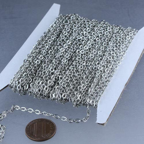 Wholesale Lot Rhodium Plated Flat Chain Bulk, 300 ft. of Antique Silver Flat Oval Cable Chain - 4x3mm Unsoldered- Necklace - 43F