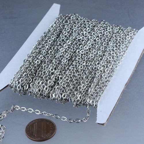 Rhodium Plated Flat Chain Bulk, 32 ft. of Antique Silver Flat Oval Cable Chain - 4x3mm Unsoldered- Necklace Bracelet  - 43F