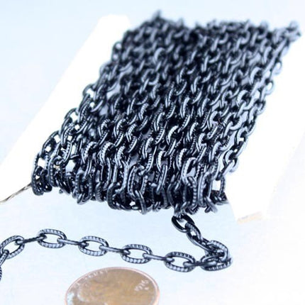 Black Texture Chain Bulk, 10 ft. of Flat Texture Oval Chunky Cable Chain - 7.2x4.2mm Unsoldered - Necklace Bracelet - 7242TX