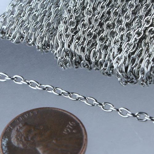 Rhodium Plated Cable Chain Bulk, 50 ft of Antiqued Silver Round Cable Chain 3x2.2mm 0.6mm wire - Unsoldered - 322CA