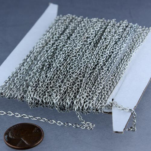 Rhodium Plated Cable Chain Bulk, 300 ft of Antiqued Silver Round Cable Chain 3x2.2mm 0.6mm wire - 322CA