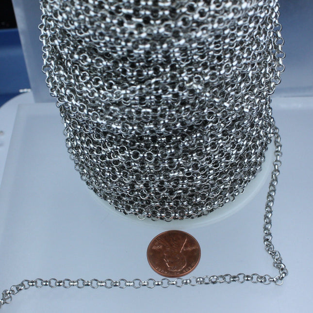 Rhodium Plated Rolo Chain bulk, 12 ft of Antique Silver Rolo Cable Chain 3.8mm - Unsoldered Links - Bulk Chain - 38ROLO
