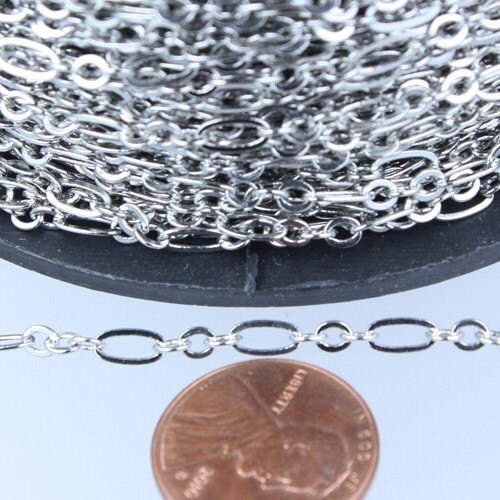 Rhodium Bulk, 100 ft of ( 3 and 1 ) Antique Silver Long and Short Chain Flat Cable Chain Necklace Chain 6.3 N 4mm - SOLDERED 3429LS31