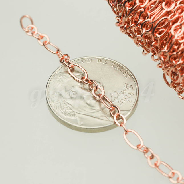 32 feet Bright Copper ( 3 and 1 ) Long and Short Bulk Flat Cable Chain Necklace Bracelet Chain 6.3 N 4mm - SOLDERED Links - 3429LS31