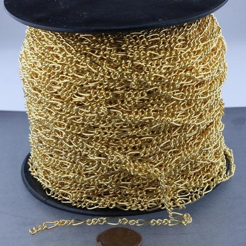 Gold Plated Figaro Chain Bulk, 12 ft Long and Short Mother and Son Chain FIGARO chain 7x3mm - Necklace Bracelet Wholesale Chain - 7x3FIG