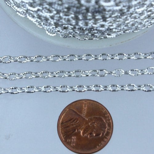 Rhodium Plated Texture Chain Bulk, 50 ft. of Antique Silver Flat Texture Oval Chunky Cable Chain - 4x3mm Unsoldered- Necklace Bracelet Chain
