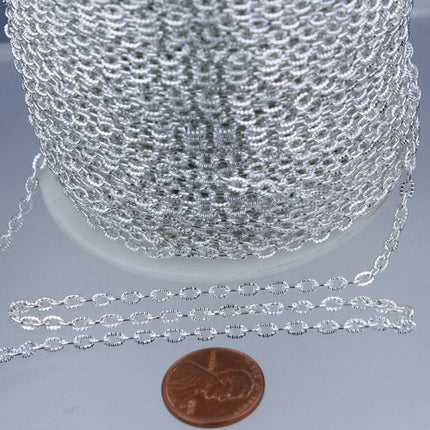 Rhodium Plated Texture Chain Bulk, 50 ft. of Antique Silver Flat Texture Oval Chunky Cable Chain - 4x3mm Unsoldered- Necklace Bracelet Chain