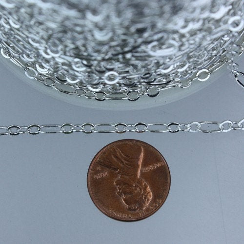 Sterling Silver Plated Bulk, 32 ft of ( 3 and 1 ) Long and Short Chain Flat Cable Chain Necklace Chain 6.3 N 4mm - SOLDERED 3429LS31