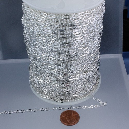 Sterling Silver Plated Bulk, 32 ft of ( 3 and 1 ) Long and Short Chain Flat Cable Chain Necklace Chain 6.3 N 4mm - SOLDERED 3429LS31